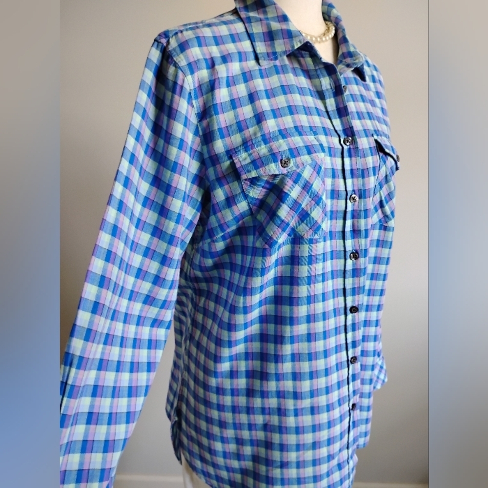 Talbots 100% Cotton Plaid Button Up Shirt Blue Purple Colorful Classic Sz Large - Picture 4 of 15